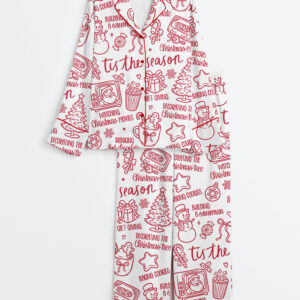 Women's Christmas Doodle Coquette Xmas Tis The Season Long Sleeve Satin Pajama Set