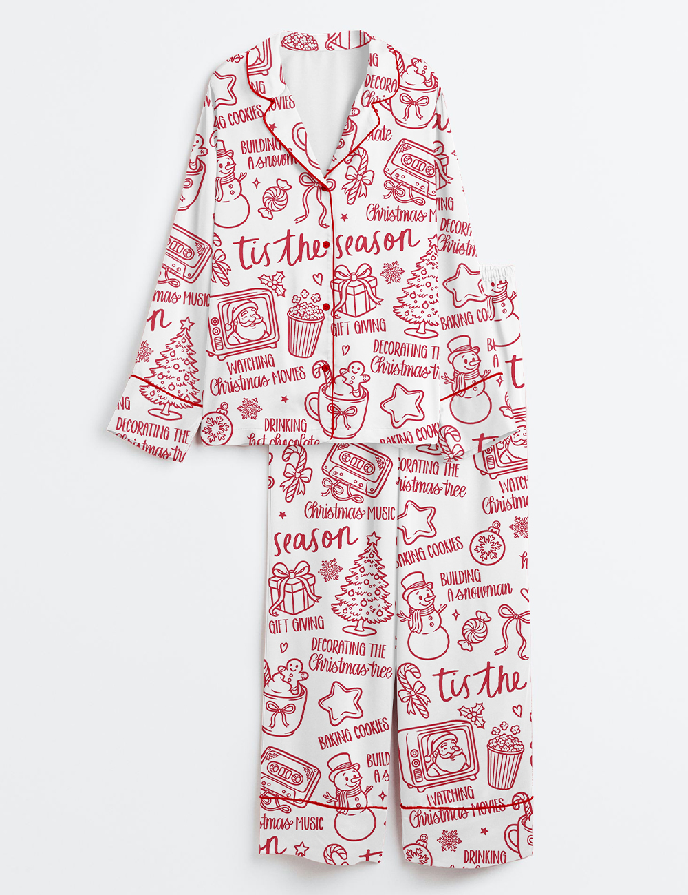 Women's Christmas Doodle Coquette Xmas Tis The Season Long Sleeve Satin Pajamas Set