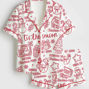 Womenâ€™s Christmas Doodle Coquette Xmas Tis The Season Short Sleeve Satin Pajama Set