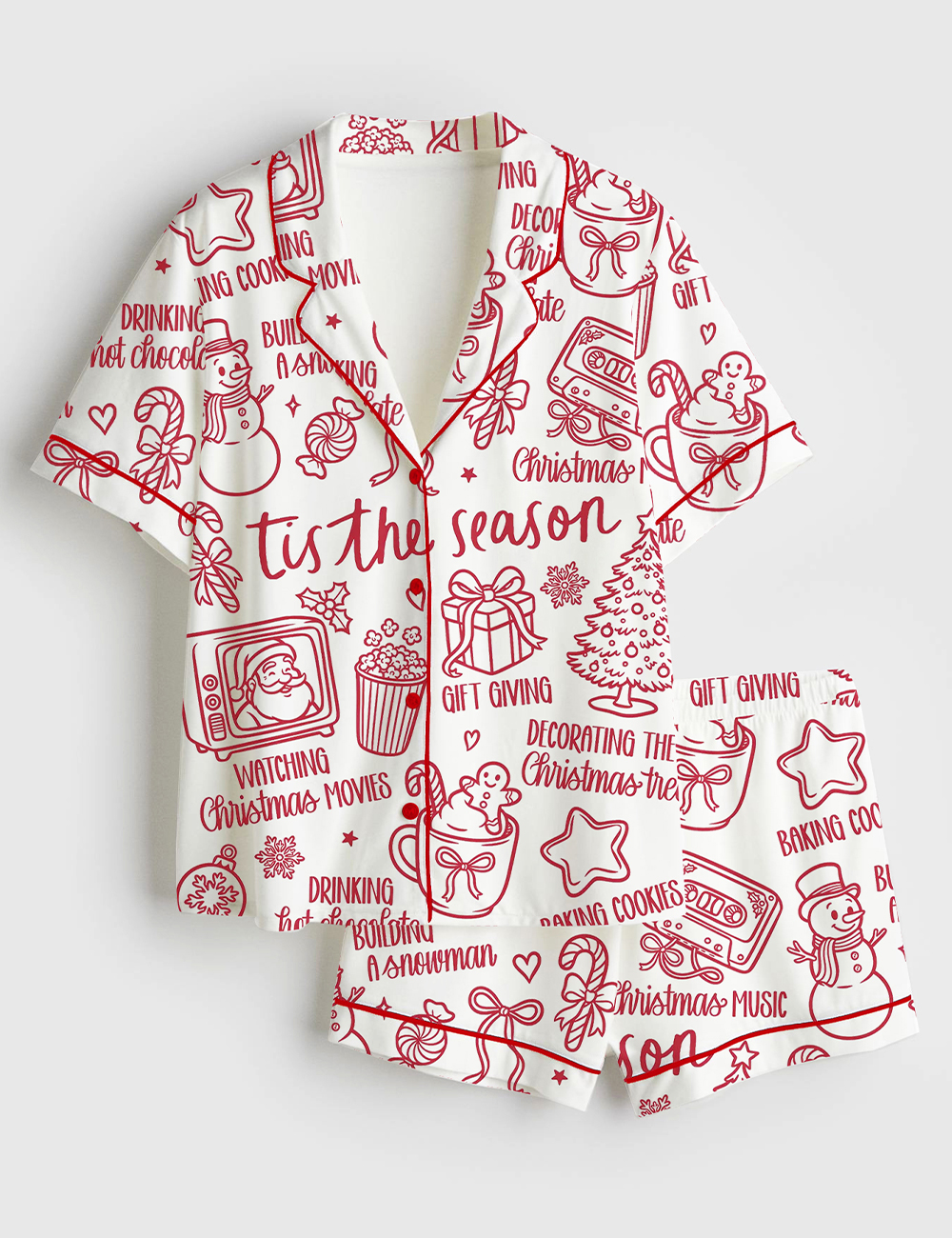 Womenâ€™s Christmas Doodle Coquette Xmas Tis The Season Short Sleeve Satin Pajama Set