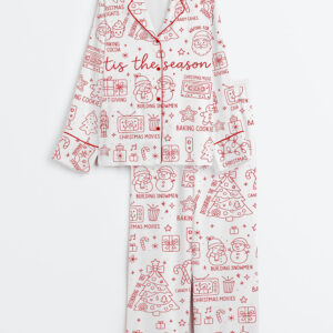 Women's Christmas Doodles Coquette Bow Festive Holiday Long Sleeve Silky Satin Pajama Set