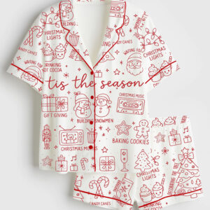 Womenâ€™s Christmas Doodles Coquette Bow Festive Holiday Short Sleeve Silky Satin Pajama Set