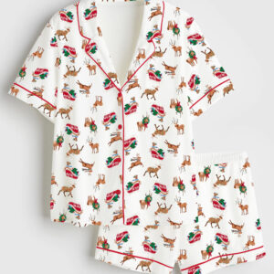 Women's Christmas Elk Short Sleeve Satin Pajama Set