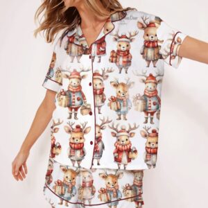 Women's Christmas Elk Watercolor Satin Pajama Set
