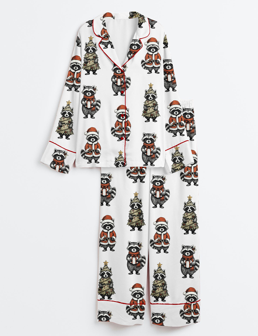 Womenâ€™s Christmas Feral And Festive Raccoon Long Sleeve Satin Pajama Set