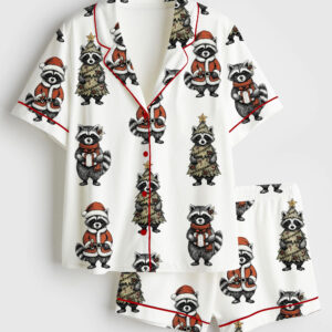 Women's Christmas Feral And Festive Raccoon Short Sleeve Satin Pajama Set