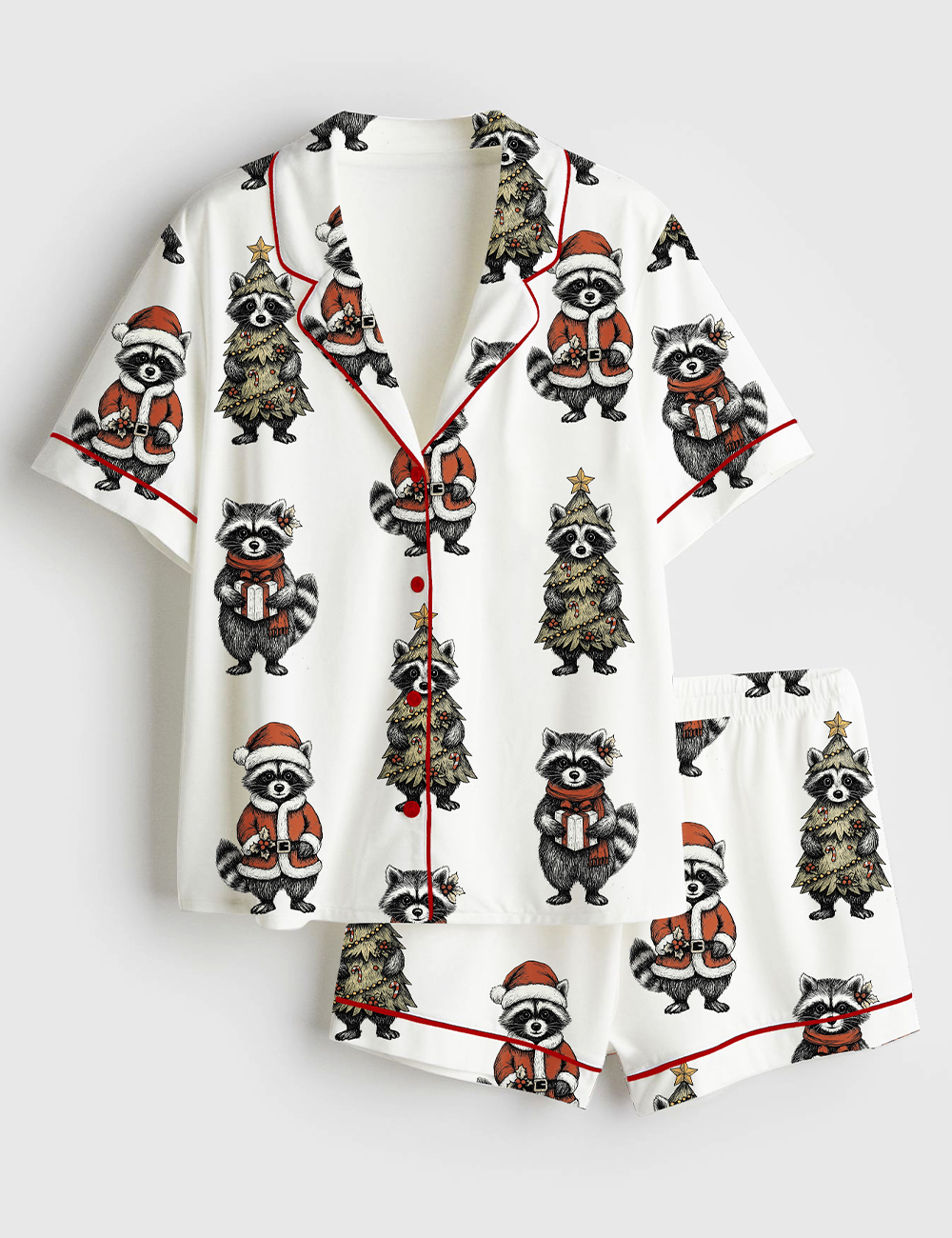 Womenâ€™s Christmas Feral And Festive Raccoon Short Sleeve Satin Pajama Set