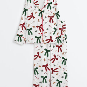 Womenâ€™s Christmas Gingerbread Bow Long Sleeve Satin Pajama Set
