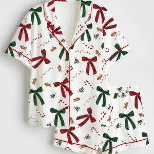 Womenâ€™s Christmas Gingerbread Bow Short Sleeve Satin Pajama Set