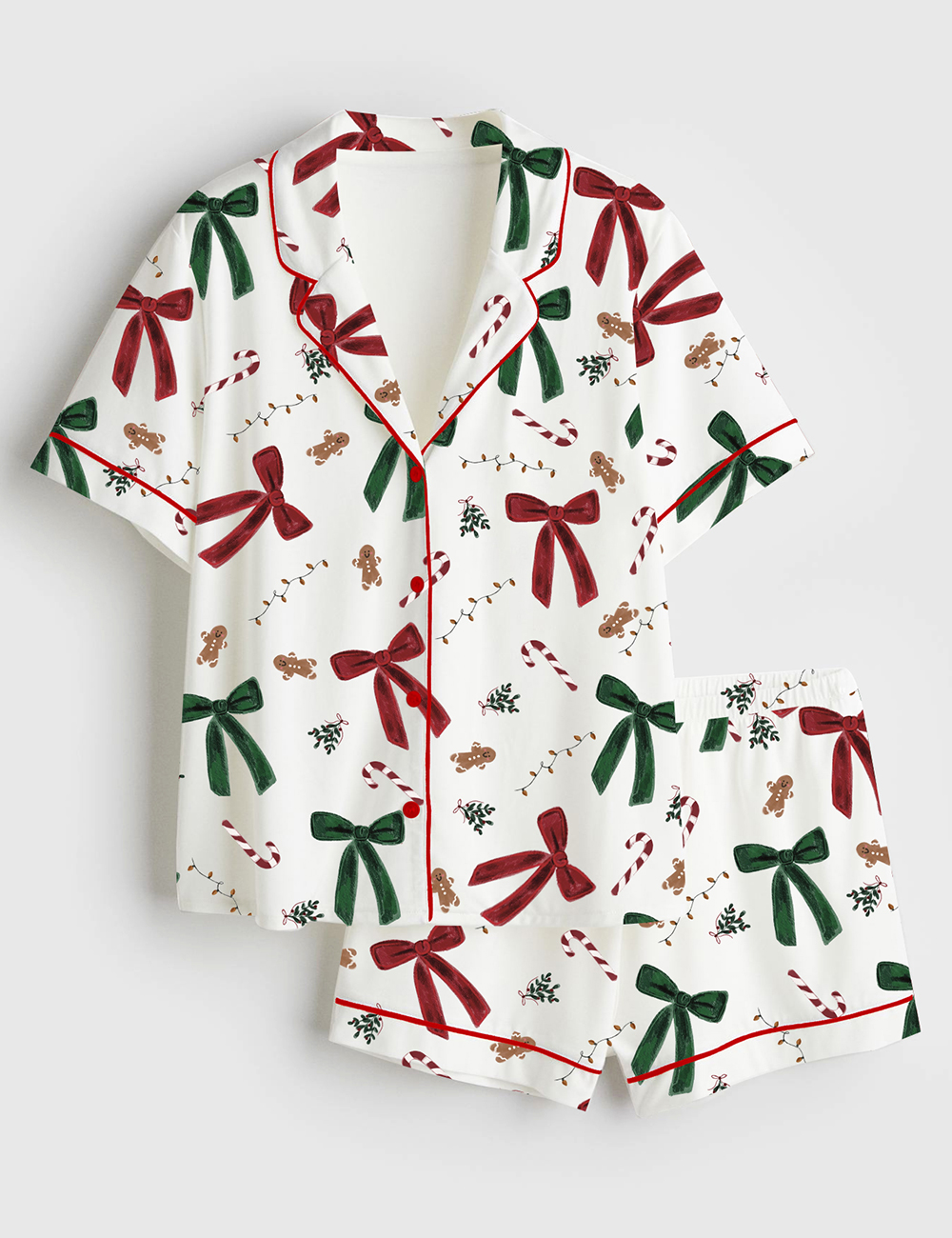 Women's Christmas Gingerbread Bow Short Sleeve Satin Pajama Set