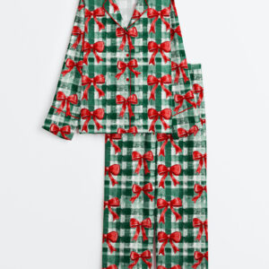 Womenâ€™s Christmas Gingham Green Watercolor Bows Long Sleeve Satin Pajama Set
