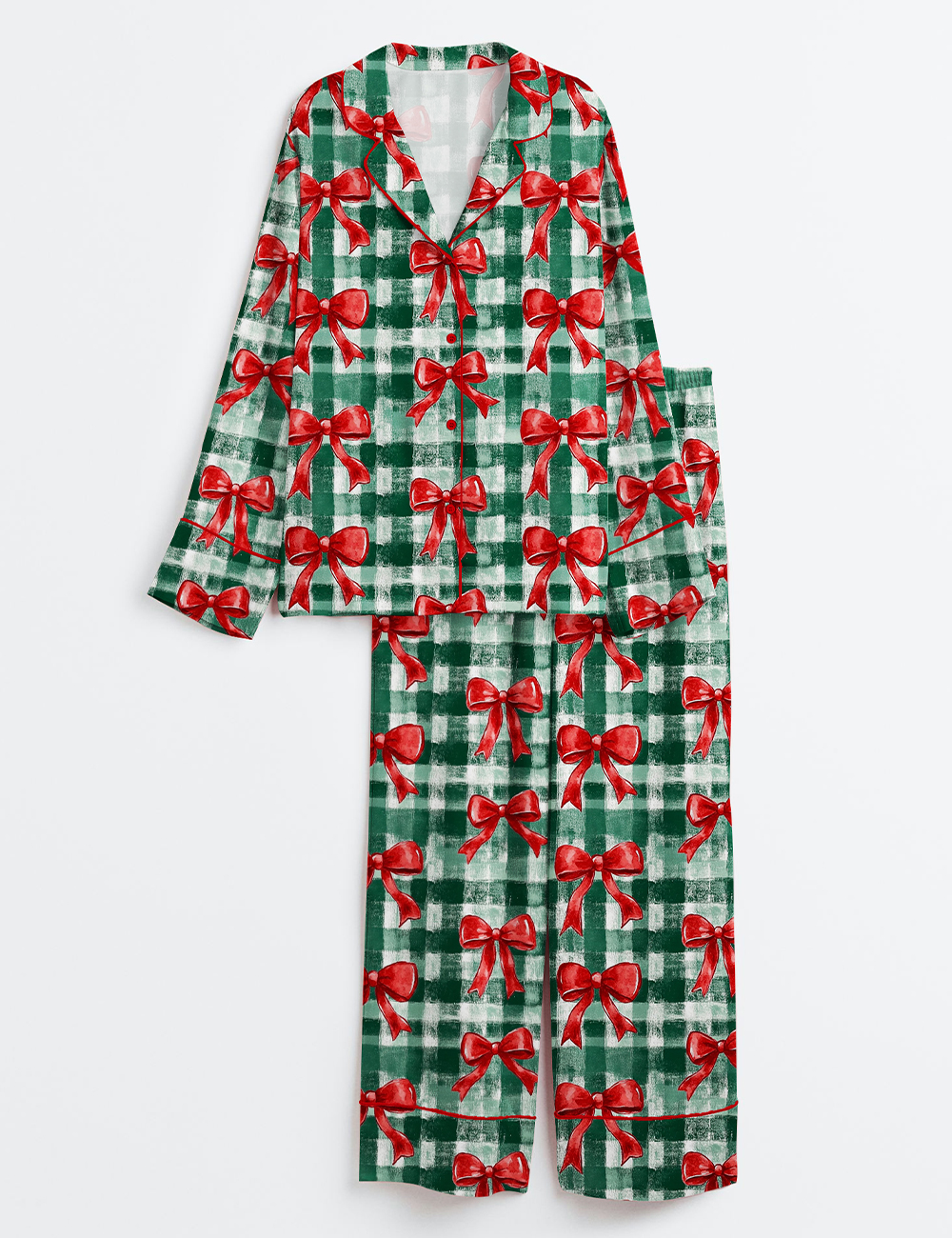 Womenâ€™s Christmas Gingham Green Watercolor Bows Long Sleeve Satin Pajama Set