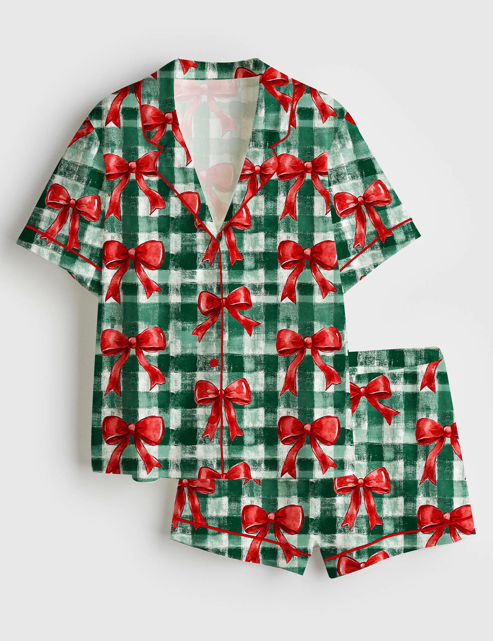 Womenâ€™s Christmas Gingham Green Watercolor Bows Short Sleeve Satin Pajama Set
