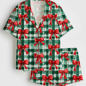 Women's Christmas Gingham Green Watercolor Bows Short Sleeve Satin Pajama Set