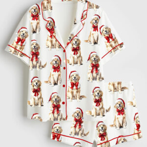 Women's Christmas Golden Retriever Short Sleeve Satin Pajama Set