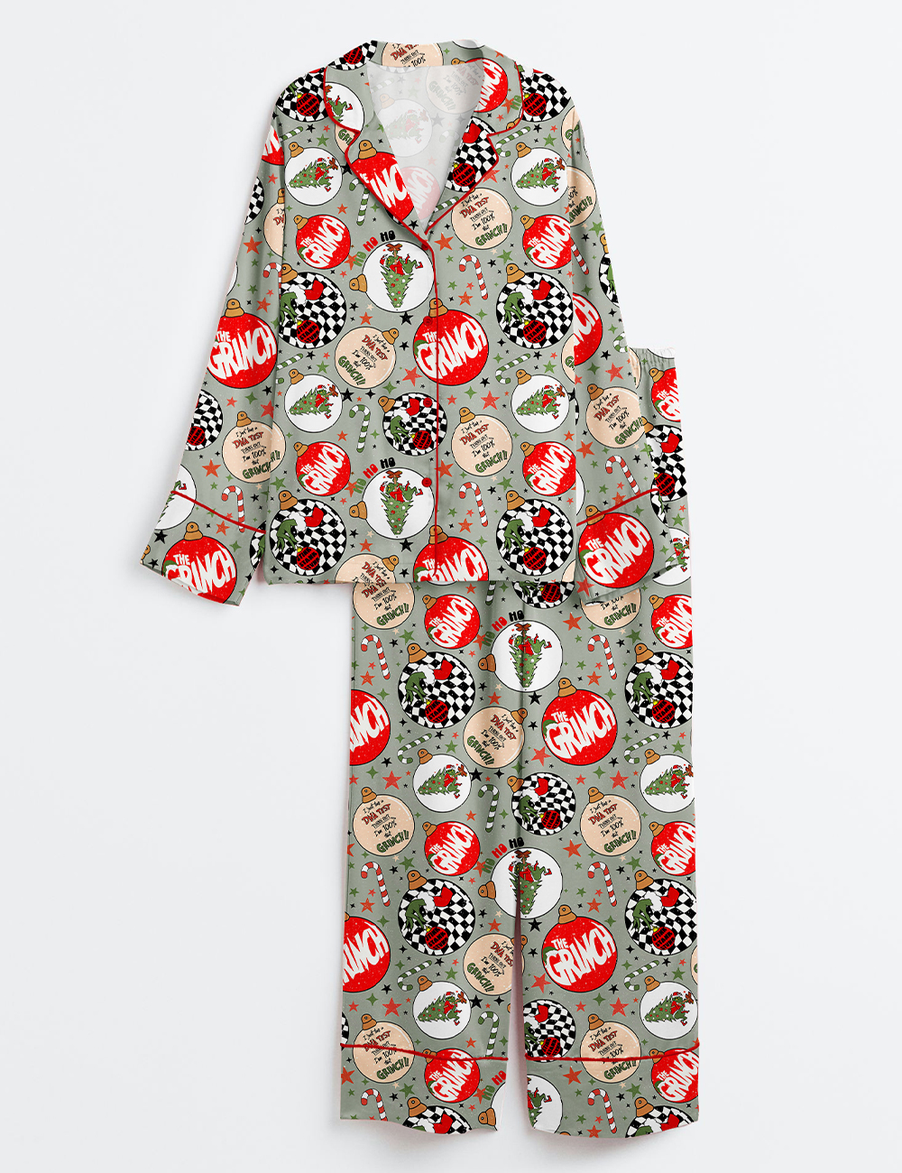 Womenâ€™s Christmas Grinch Hate Christmas You're A Mean One Long Sleeve Satin Pajama Set