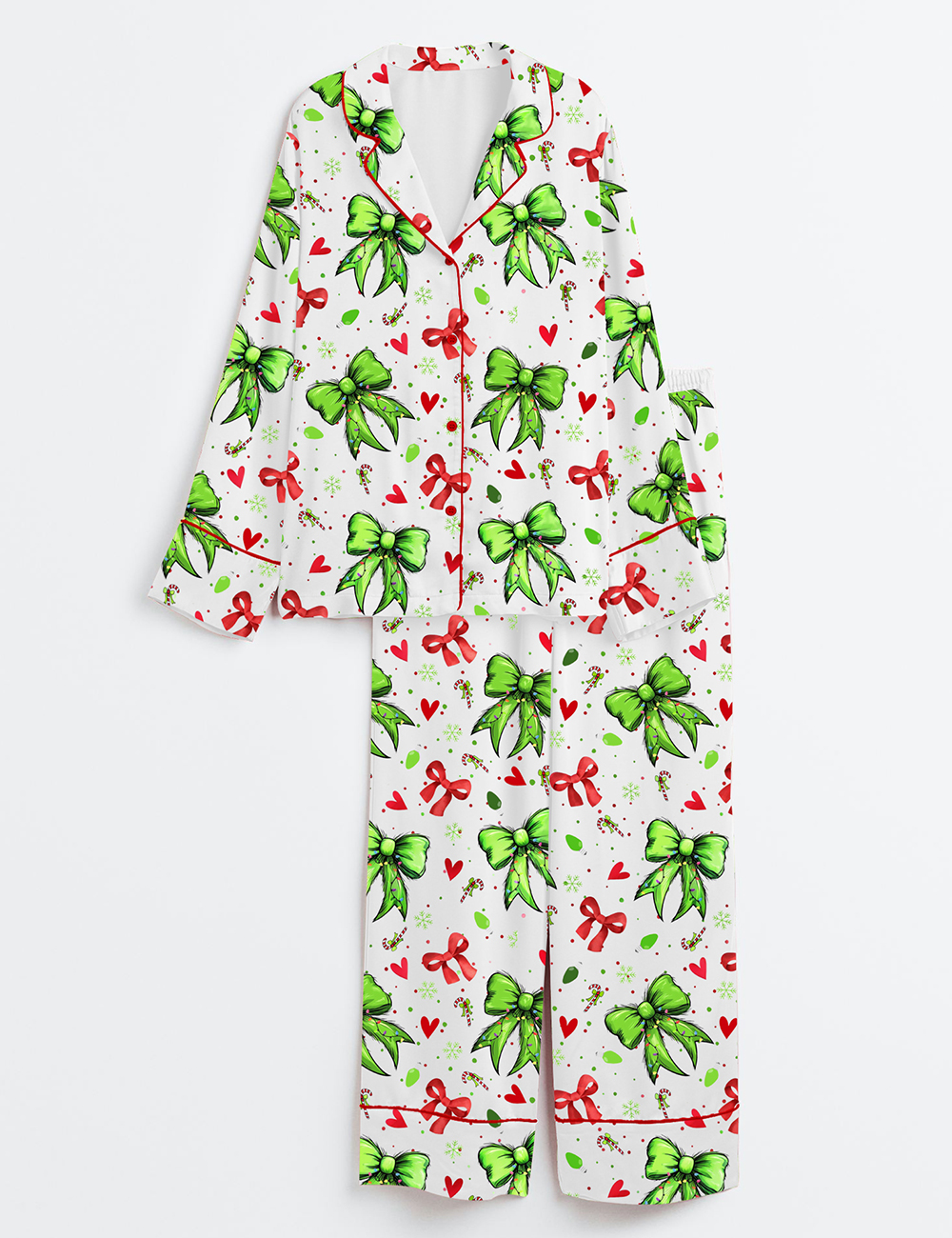 Womenâ€™s Christmas Grinch Mean Green Guy Coquette Bow Long Sleeve Satin Pajama Set