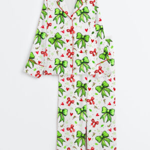 Women's Christmas Grinch Mean Green Guy Coquette Bow Long Sleeve Satin Pajamas Set