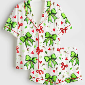 Womenâ€™s Christmas Grinch Mean Green Guy Coquette Bow Short Sleeve Satin Pajama Set