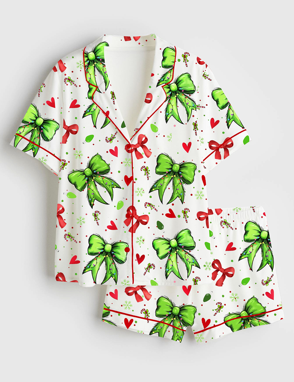Womenâ€™s Christmas Grinch Mean Green Guy Coquette Bow Short Sleeve Satin Pajama Set