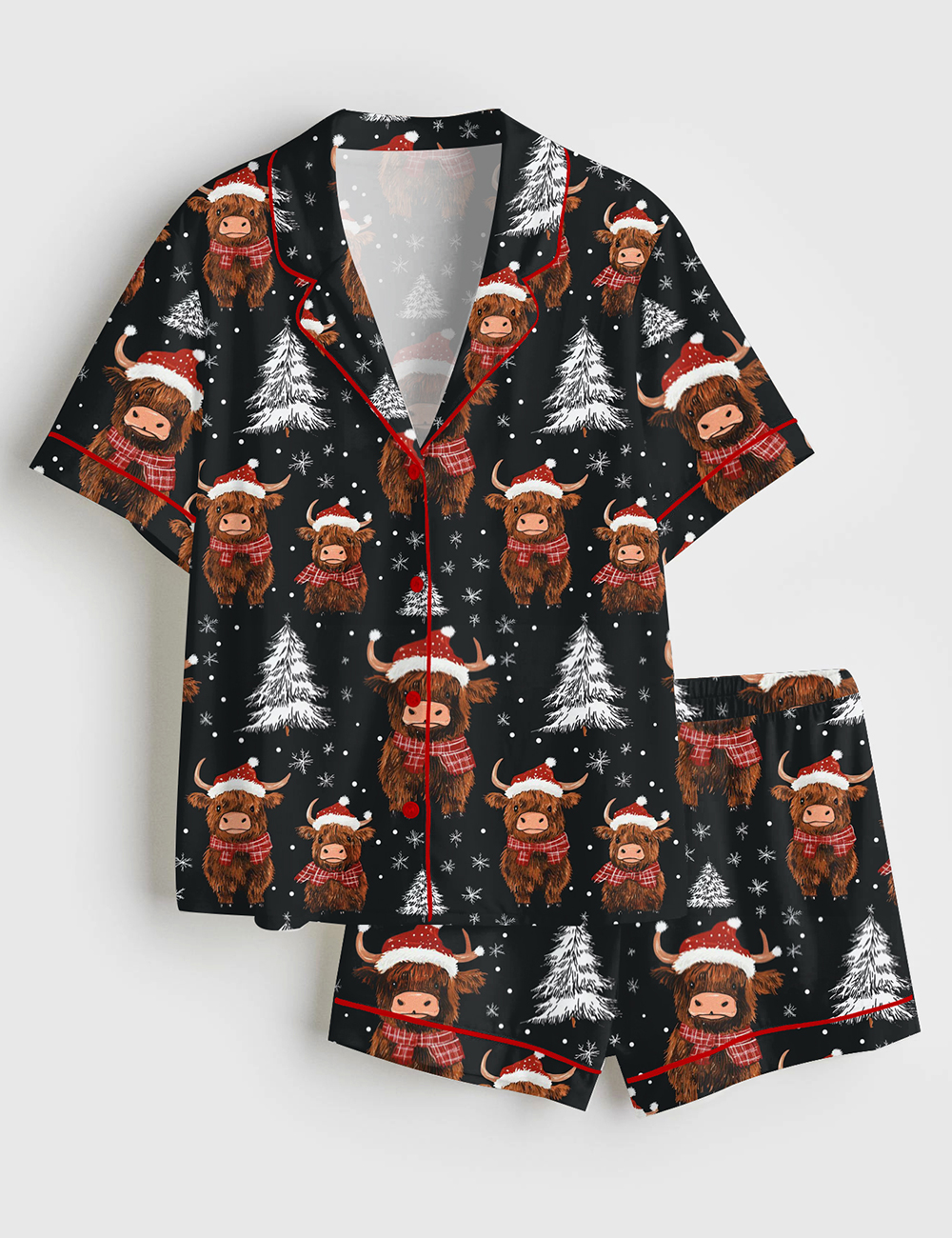 Women's Christmas Highland Cow Short Sleeve Satin Pajama Set