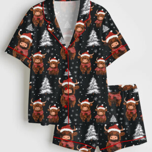 Womenâ€™s Christmas Highland Cow Short Sleeve Satin Pajama Set