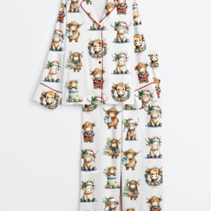 Womenâ€™s Christmas Highland Cow Watercolor Christmas Cow Long Sleeve Satin Pajama Set