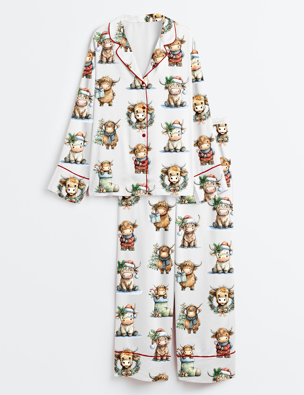 Women's Christmas Highland Cow Watercolor Christmas Cow Long Sleeve Satin Pajama Set