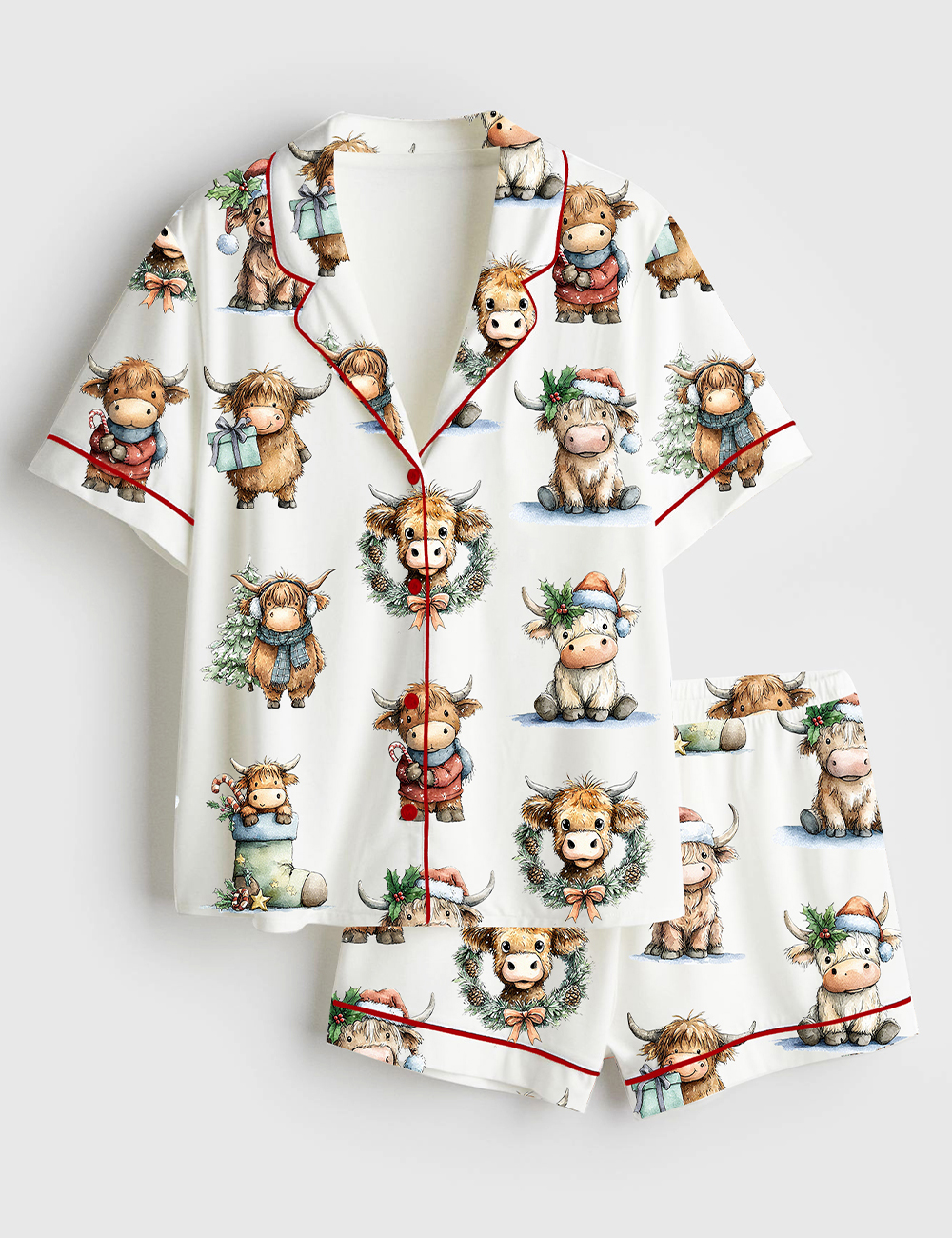 Women's Christmas Highland Cow Watercolor Christmas Cow Short Sleeve Satin Pajama Set