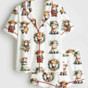Women's Christmas Highland Cow Watercolor Christmas Cow Short Sleeve Satin Pajama Set