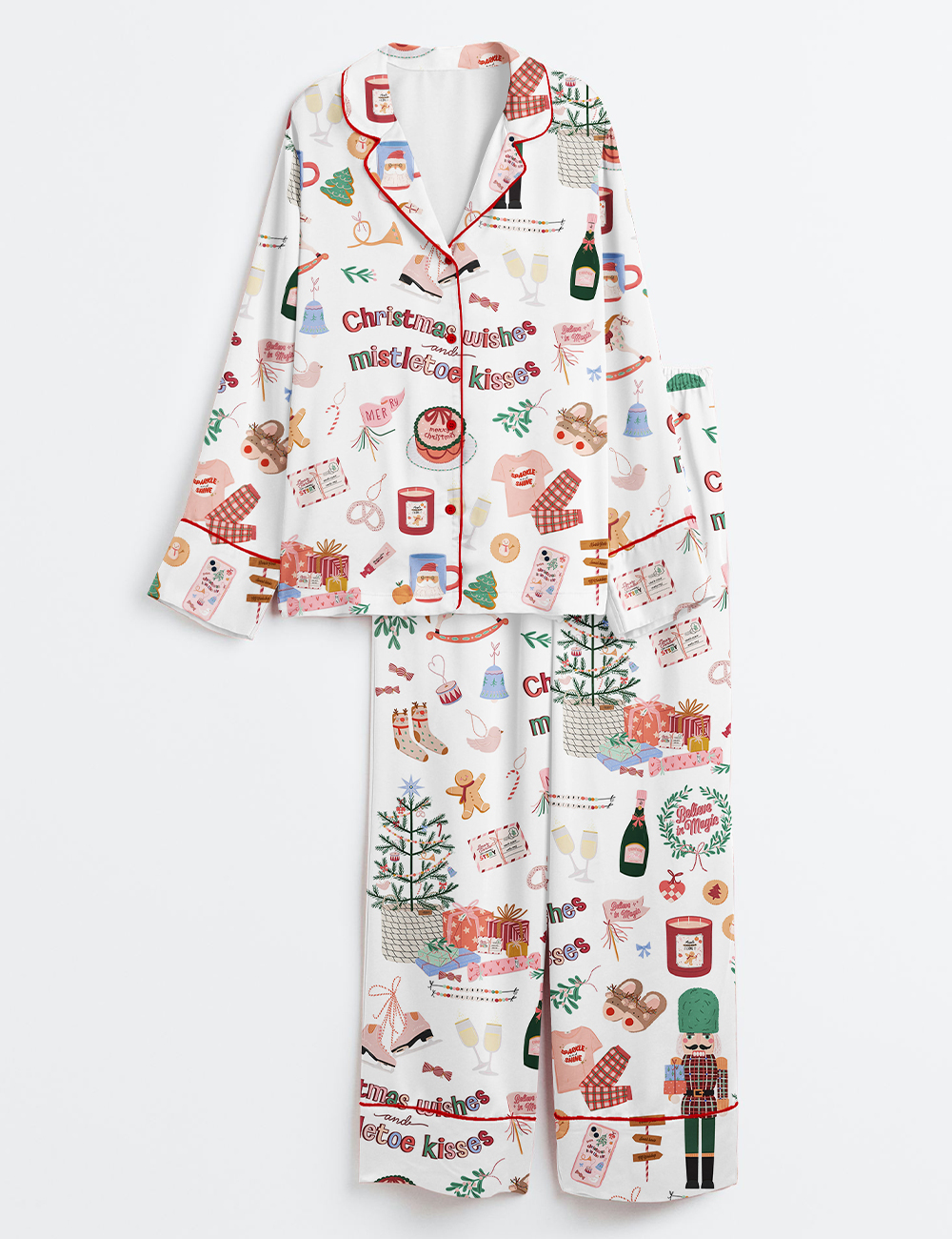 Womenâ€™s Christmas Holiday Festive Winter Christmas Wishes And Mistletoe Kisses Long Sleeve Satin Pajama Set