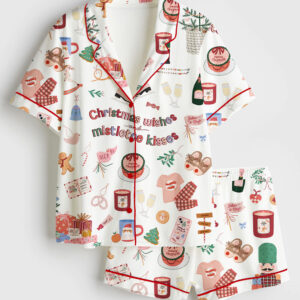 Womenâ€™s Christmas Holiday Festive Winter Christmas Wishes And Mistletoe Kisses Short Sleeve Satin Pajama Set