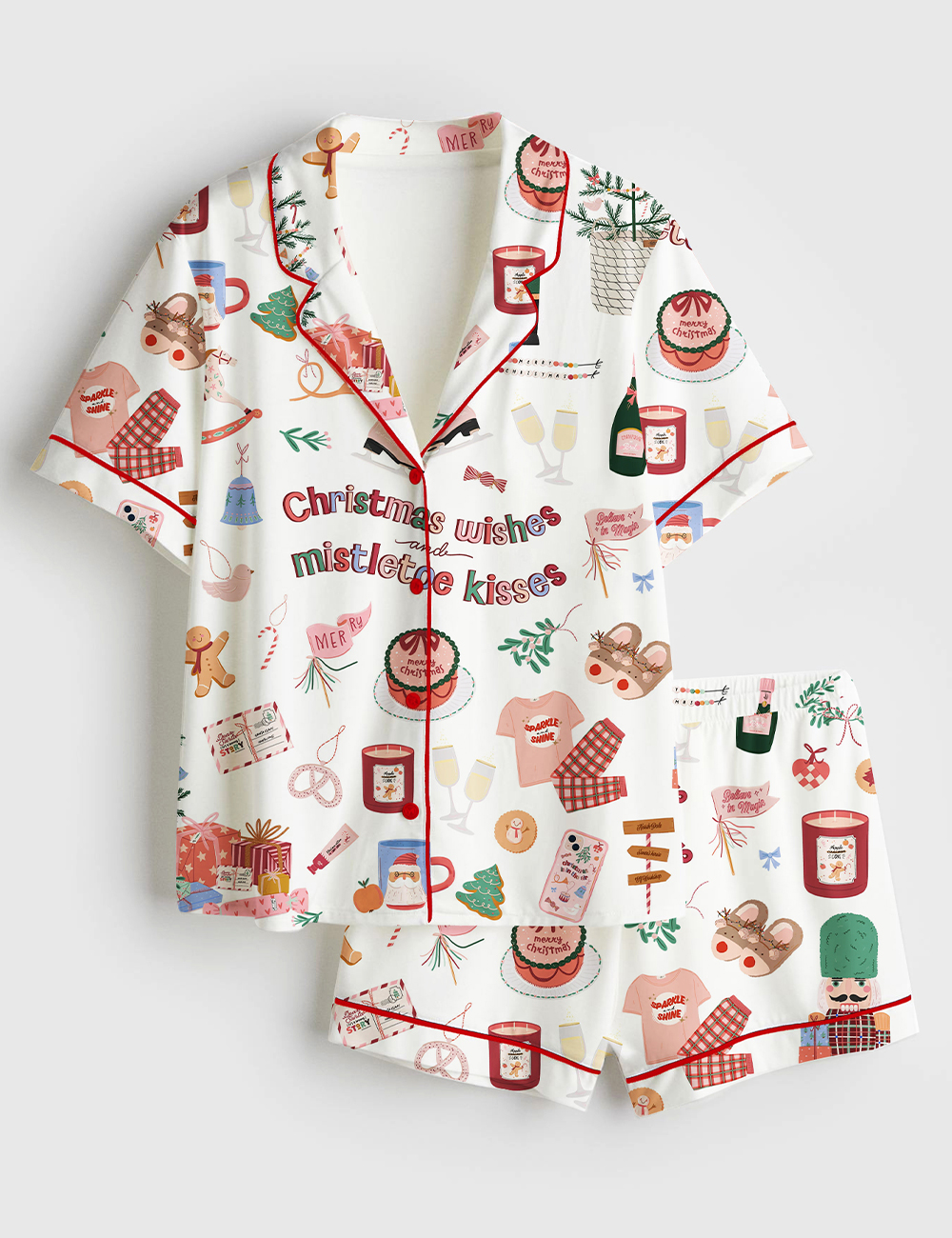 Womenâ€™s Christmas Holiday Festive Winter Christmas Wishes And Mistletoe Kisses Short Sleeve Satin Pajama Set