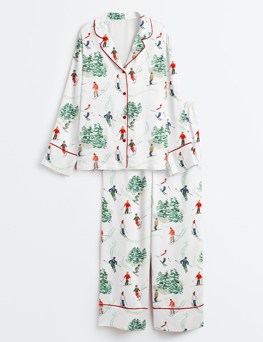 Women's Christmas Holiday Skier Long Sleeve Silky Satin Pajama Set