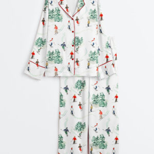 Women's Christmas Holiday Skier Long Sleeve Silky Satin Pajamas Set