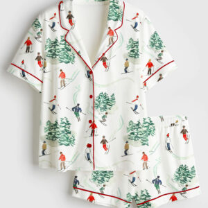 Womenâ€™s Christmas Holiday Skier Short Sleeve Silky Satin Pajama Set