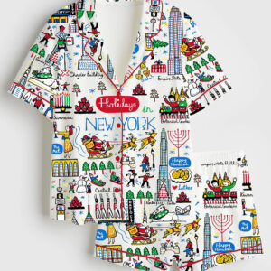 Women's Christmas Holidays In New York Short Sleeve Satin Pajama Set