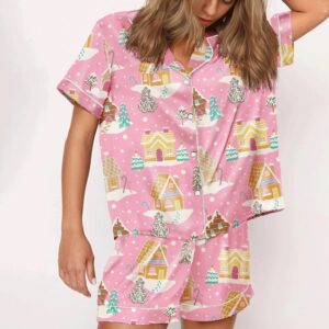 Women's Christmas House Print Cute Satin Pajama Set