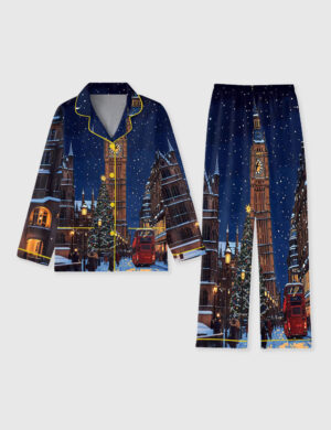 Women's Christmas In New York London Long Sleeve Pocket Cotton Pajama Set