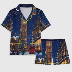 Women's Christmas In New York London Short Sleeve Pocket Cotton Pajama Set