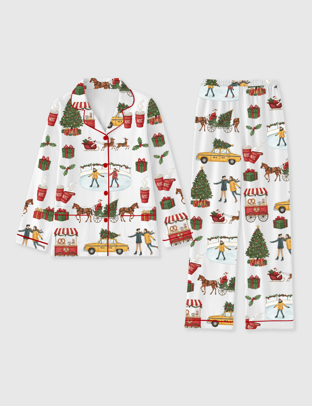 Women's Christmas In New York Long Sleeve Pocket Cotton Family Pajamas Set