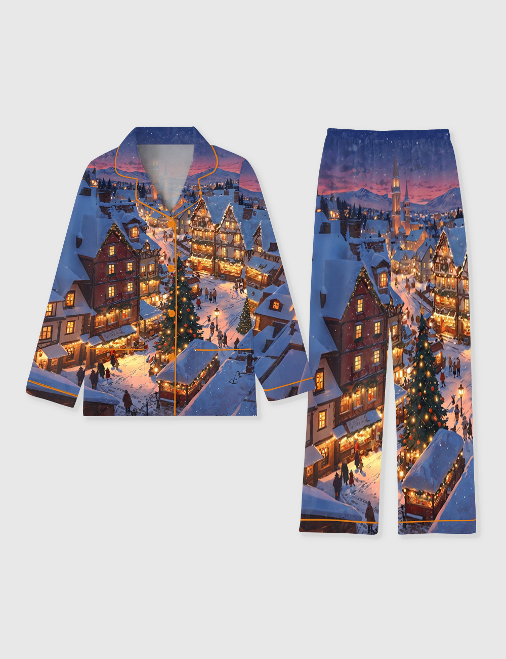 Women's Christmas In New York Night Long Sleeve Pocket Cotton Pajamas Set