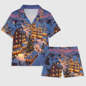 Women's Christmas In New York Night Short Sleeve Pocket Cotton Pajama Set