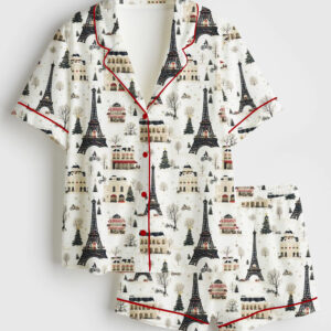 Womenâ€™s Christmas In Paris Eiffel Tower Short Sleeve Satin Pajama Set
