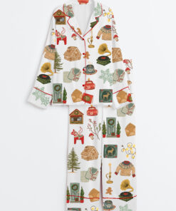 Women's Christmas Lights Cookies Winter Sweater Elk Snowflakes Hot Cocoa Christmas Decorations Christmas Trees Gifts Long Sleeve Satin Pajama Set