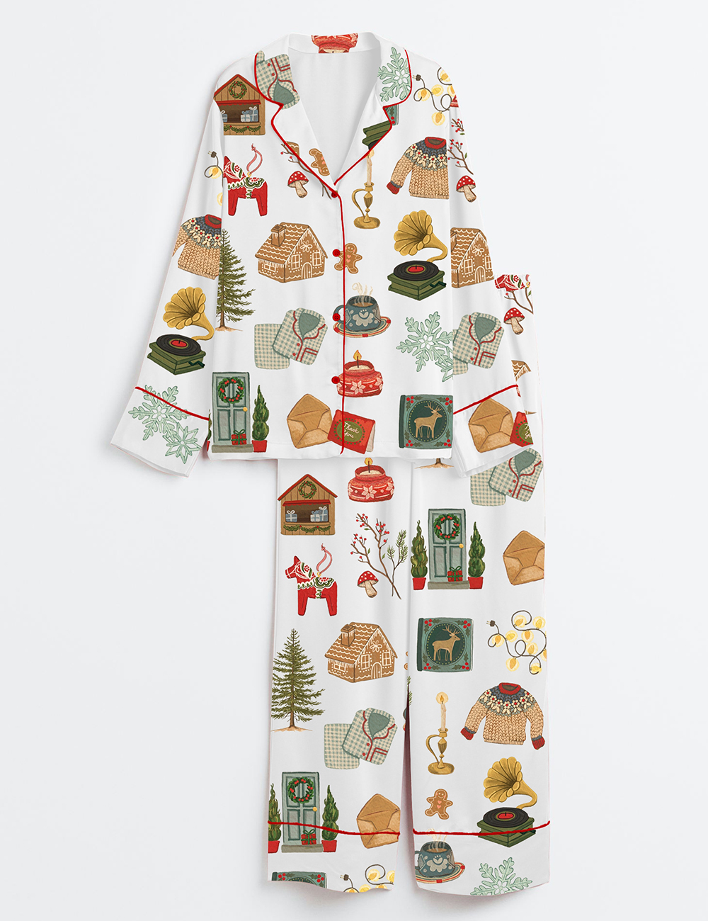 Womenâ€™s Christmas Lights Cookies Winter Sweater Elk Snowflakes Hot Cocoa Christmas Decorations Christmas Trees Gifts Long Sleeve Satin Pajama Set