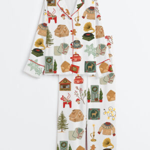 Women's Christmas Lights Cookies Winter Sweater Elk Snowflakes Hot Cocoa Christmas Decorations Christmas Trees Gifts Long Sleeve Satin Pajama Set