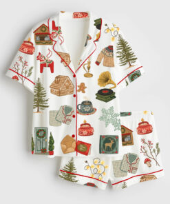 Women's Christmas Lights Cookies Winter Sweater Elk Snowflakes Hot Cocoa Christmas Decorations Christmas Trees Gifts Short Sleeve Satin Pajama Set