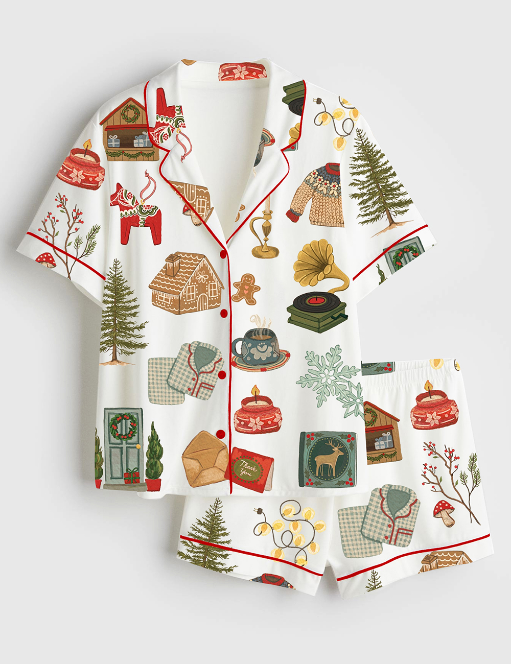 Womenâ€™s Christmas Lights Cookies Winter Sweater Elk Snowflakes Hot Cocoa Christmas Decorations Christmas Trees Gifts Short Sleeve Satin Pajama Set