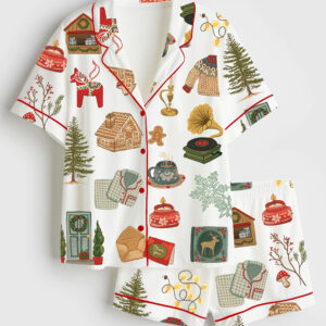 Women's Christmas Lights Cookies Winter Sweater Elk Snowflakes Hot Cocoa Christmas Decorations Christmas Trees Gifts Short Sleeve Satin Pajama Set